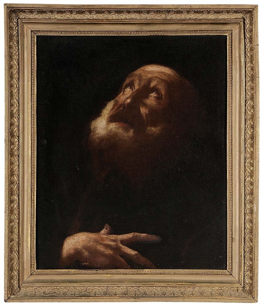 Italian School: (17th century) The Penitent St. Peter, unsigned, oil on canvas, 18 x 14-5/8 in.; 19th century gilt wood frame,. Condition: lined with paste and linen, craquelure, crackle, retouch, light grime, areas