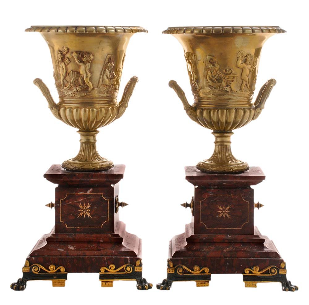 Pair Gilt Bronze and Red Marble Urns (1 of 7)