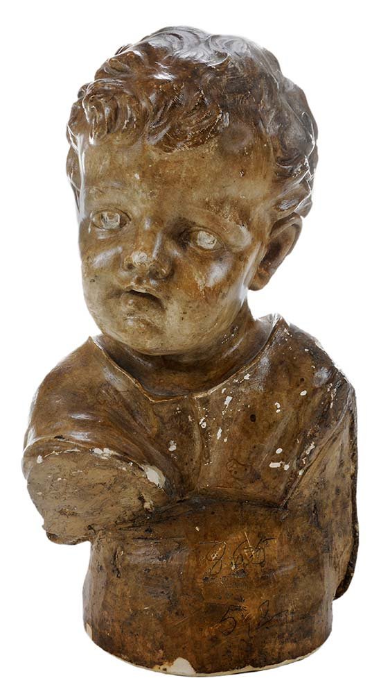 French School: (18th century) Young Child or [Putto], unsigned, painted plaster, unframed, 13-3/4 in.. Condition: chips, losses, inscription in pencil. Provenance: Private Collection