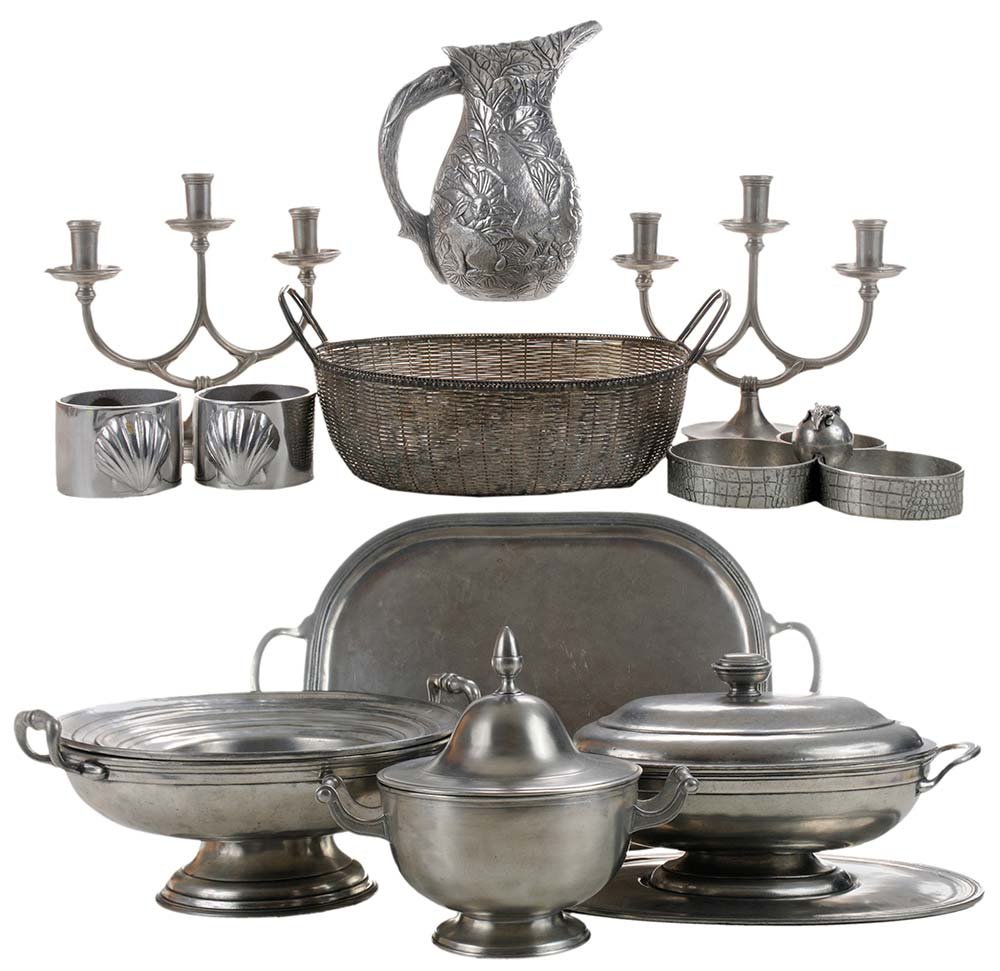 Thirteen Pieces Table Ware: American and Continental, 20th century, cast aluminum rabbit pitcher, Robert Court design, 9-3/4 in.; pair cast aluminum shell wine coasters, unmarked, 3 in. in height; cast aluminum three-part caster