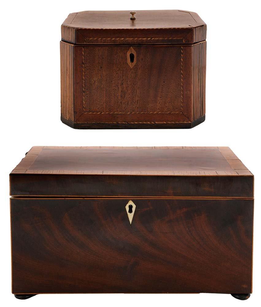 Two George III Inlaid Tea Caddies: English, early 19th century, one octagonal with inlaid spiral string inlay on hinged top, inlaid canted corners and all sides, carved bone finial, two-compartment interior, diamond-shaped escutcheon, 