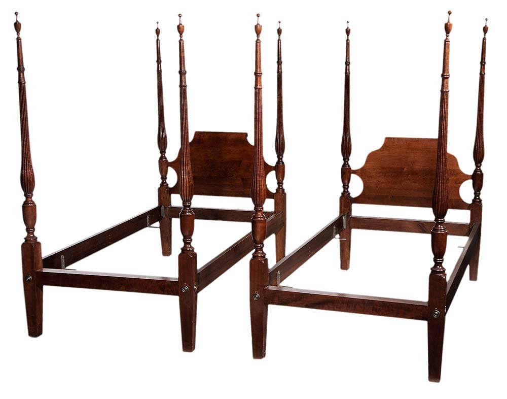 Pair Federal Style Mahogany Twin: Bedsteads 20th century, each with reeded and turned posts and scrolled headboards, 74-1/2 in.. Condition: good condition. Provenance: Collection of Anne and Robert K. Zelle, Nashville, Tennessee and G