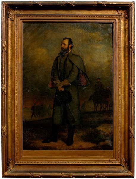 James Reeve Stuart painting: (South Carolina/St. Louis, Missouri, Wisconsin, 1834-1915), full portrait of General Thomas Jonathon "Stonewall" Jackson, signed lower right "J.R. Stuart 1869", oil on canvas, canvas stamp verso for "
