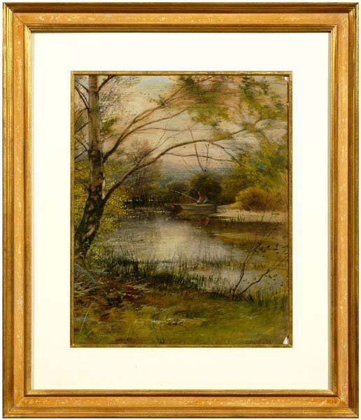 Ernest Parton watercolor: (Hudson, New York, 1845-1933), landscape with fisherman in boat, signed lower right "Ernest Parton", watercolor on artist board, losses to bottom and upper right corners, loss to right and bottom edge