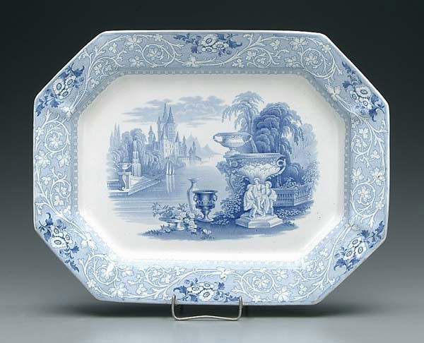 Blue Chantilly transfer platter,: possibly by John Thompson, 1816-1884, wear to base, light scratches, 19 x 14-3/4"