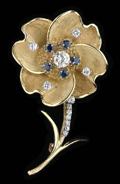Diamond and sapphire flower brooch,