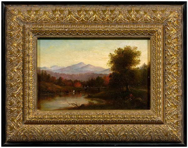 19th century American School painting,: autumn landscape with figure on a bridge and cows in a river, signed lower right "G. Inness", possibly after George Inness, New York, 1825-1894, oil on canvas, lined, crackle, retouch 50 percent, most