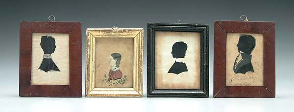 Four 19th century profile portraits: three silhouettes: a pair, "John Thompson Mansfield" and his wife, cut white paper on black fabric, ink highlights, toning, stains, fading, 3-3/4 x 2-5/8", original matching 19th century veneer frames