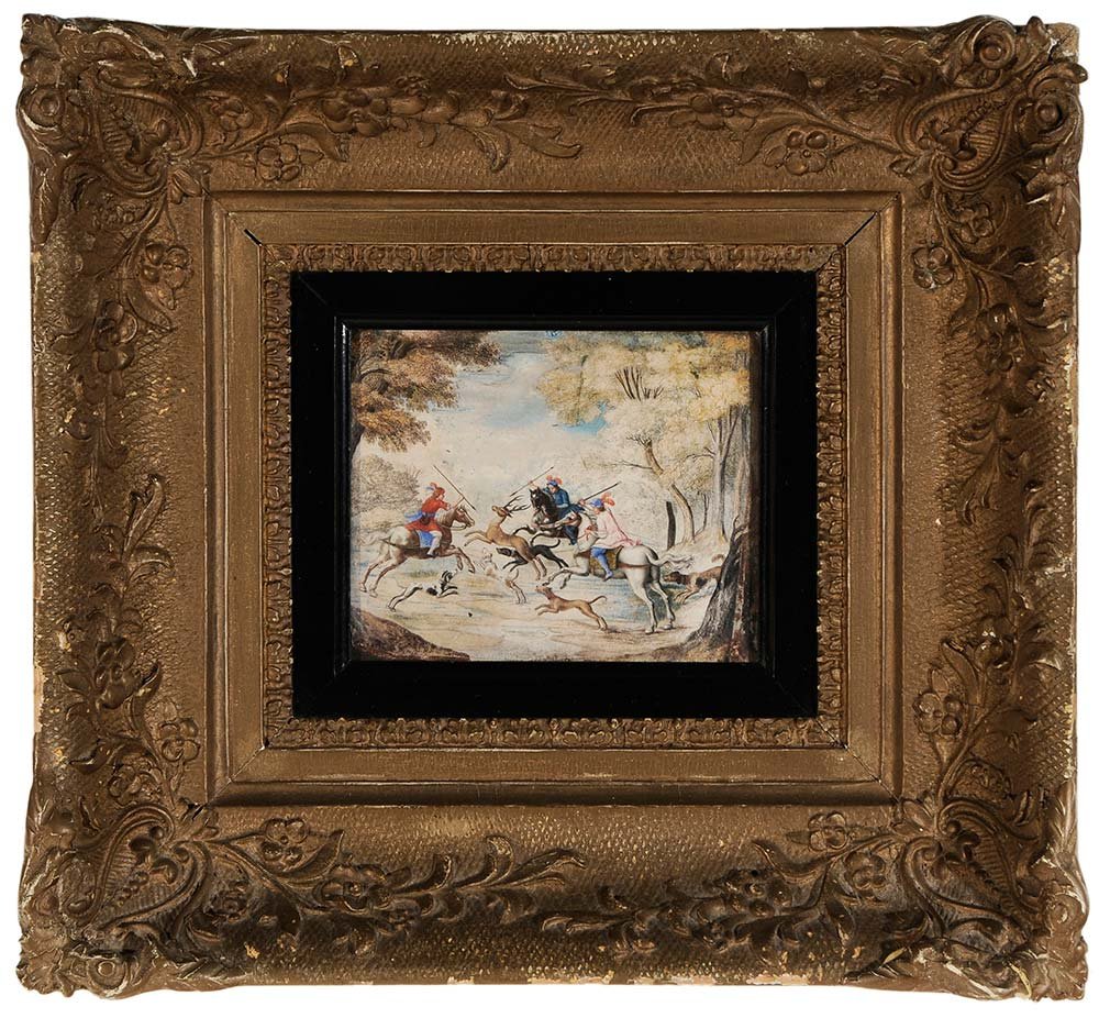 Dutch or Flemish School: (17th century) Stag Hunt, unsigned, finely rendered gouache and watercolor on paper, 4-1/4 x 5 in.; 19th century gilt wood and composition frame,. Condition: uneven trim, laid down to fiberboard with 
