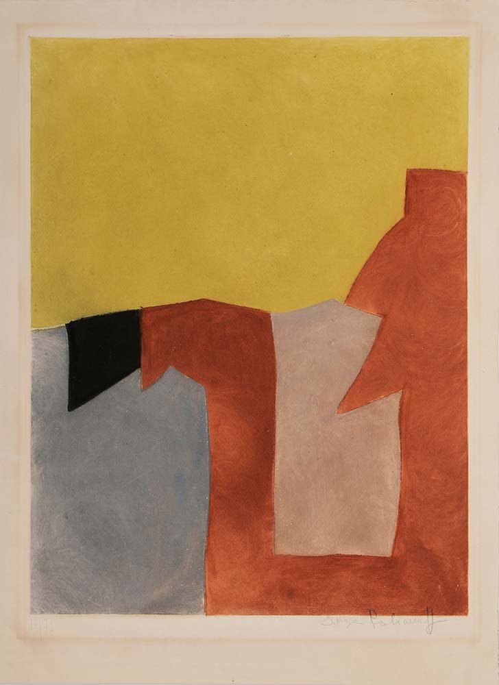 Serge Poliakoff: (Russian/French, 1900-1969) [Composition grise, brune et jaune], 1962, edition 17/75, (Rivière 9, Schneider 9), signed lower right in pencil "Serge Poliakoff", etching and aquatint in colors on B.F.K