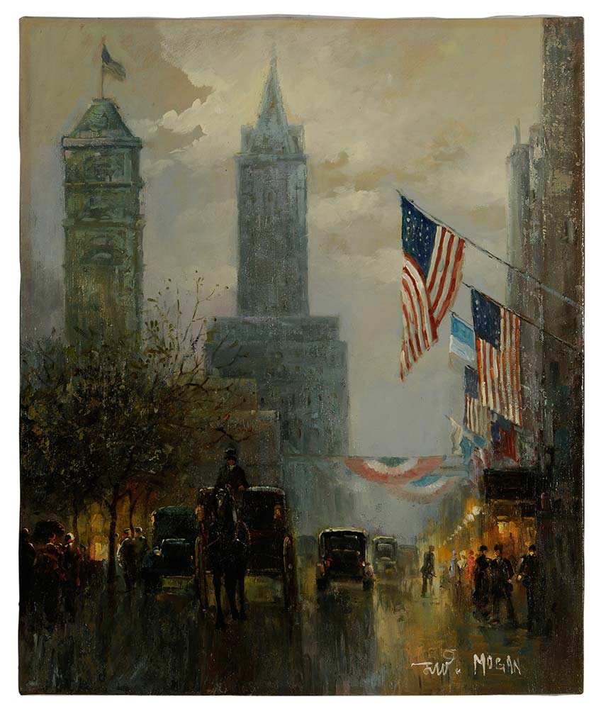 John William Morgan: (American, 20th century) New York, signed lower right "J.W. Mogan", oil on canvas, 24 x 20 in.; unframed,. Condition: yellowed varnish. Notes: Please Note: Brunk Auctions provides condition reports as