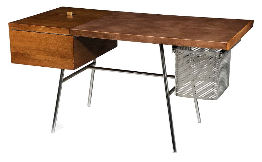 Mid-Century Design Leather-Top Desk: George Nelson Design Store, Herman Miller, No. 4658, with leather-upholstered top, aluminum perforated file drawer, walnut veneers and figured maple-lined interior, 28 x 54 x 28 in.. Condition: excell