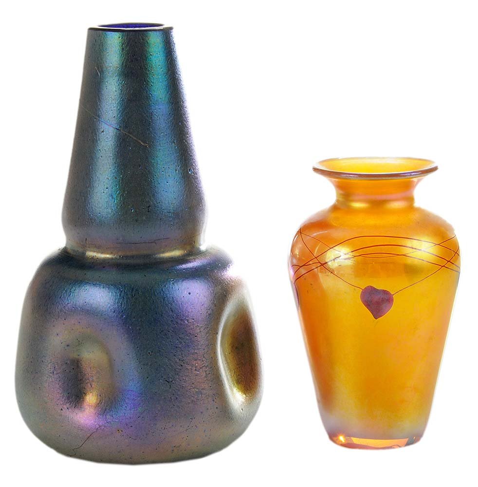 Tiffany Studios Vase and a Loetz Style Vase: American and Austrian, early 20th century: gold iridescent leaf and vine decorated vase, signed "LC Tiffany Favrile N2117", 5-1/4 in., [rough pontil mark, otherwise good condition;] with a blue irides