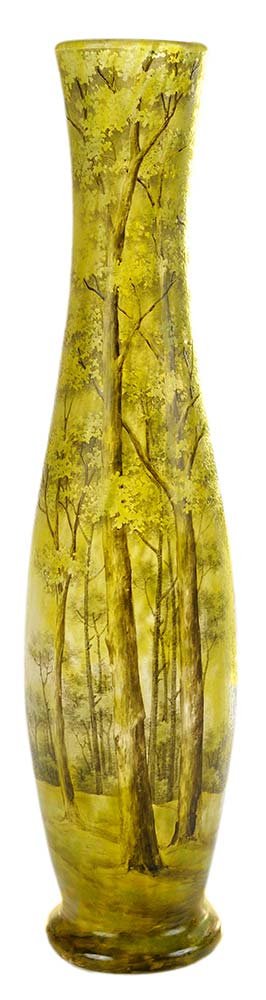 Daum Nancy Cameo Glass Vase: French, late 19th/early 20th century, mottled yellow and green frosted glass with vibrant springtime woodland scene, base marked "Daum Nancy" with cross of Lorraine, 14 in.. Condition: good condition.