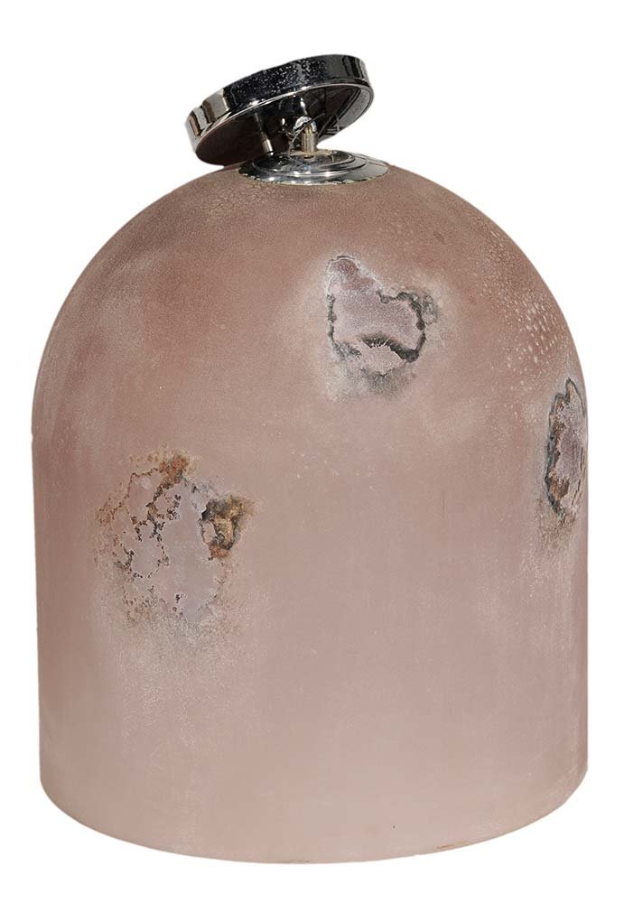 Mazzega Glass Chandelier: Italian, 1970s, possibly designed by Carlo Nason (Murano, Italy, born 1935), large dome-shaped shade of frosted lilac glass with vertical sides, surface interspersed with small eruptions, chrome singl