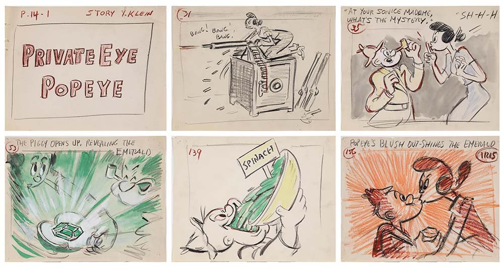 Popeye the Sailor Story Board Drawings: [Private Eye Popeye], 1954, the near complete set of 131 story board drawings including title page, series 1-156, lacking 26 sheets, story by Isadore Klein, director, Seymour Kneitel, animation Tom Jo