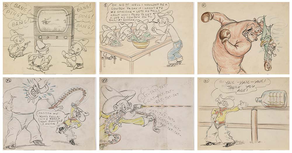 Popeye the Sailor Story Board Drawings: [Popalong Popeye], 1952, 58 beautifully executed story board drawings including title page, from the series of 1-105 (approximately), lacking 47 sheets, story by Carl Meyer and Jack Mercer, director,