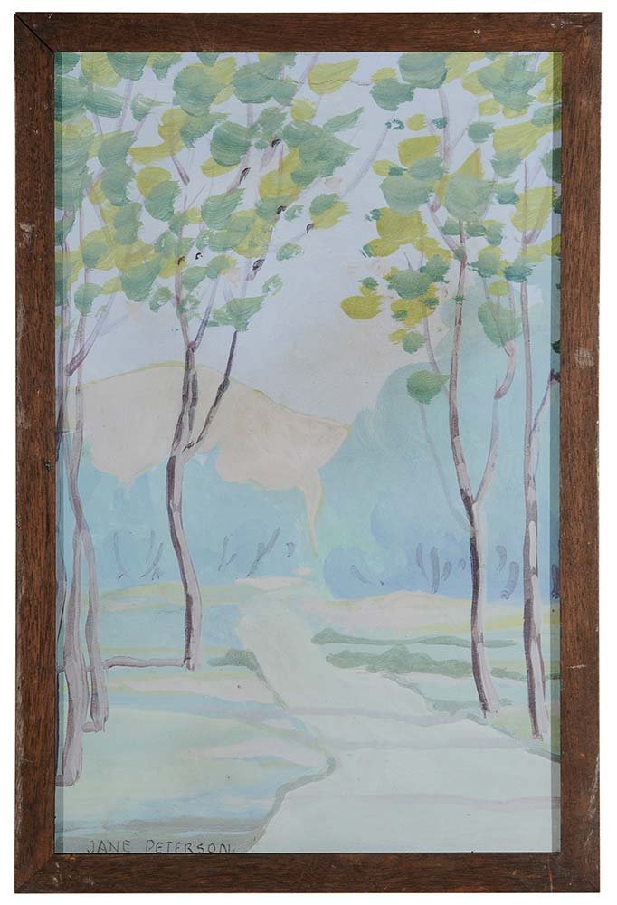 Jane Peterson: (American, 1876-1965) The Pink Hill, signed lower left in pencil "Jane Peterson" and signed and titled verso with "#10", gouache and oil on card, 15-1/2 x 10 in.; wood frame,. Condition: light grime; 