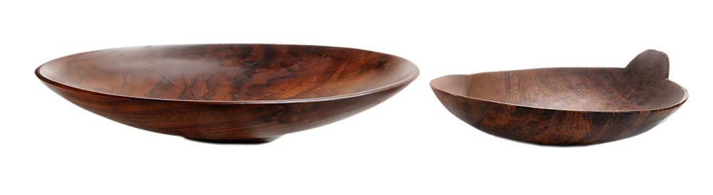 Rude Osolnik Wood Platter, with an: Unsigned Turned Burlwood Dish Rude Osolnik (New Mexico/Berea, Kentucky, 1915-2001) claro walnut footed platter, signed "Osolnik Original Claro-Walnut 84", 16 in., [drying crack to shoulder, imperfecti