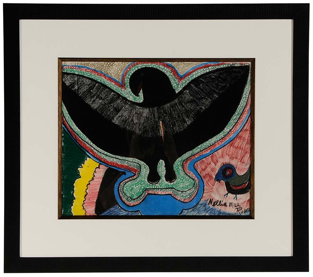 Nellie Mae Rowe: (Georgia, 1900-1982) Eagle, circa 1980's, signed lower right "Nellie Mae Rowe", crayon on posterboard, 13-3/4 x 17 in.; modern frame, with TruGuard glass,. Condition: taped to verso of mat.; laid down
