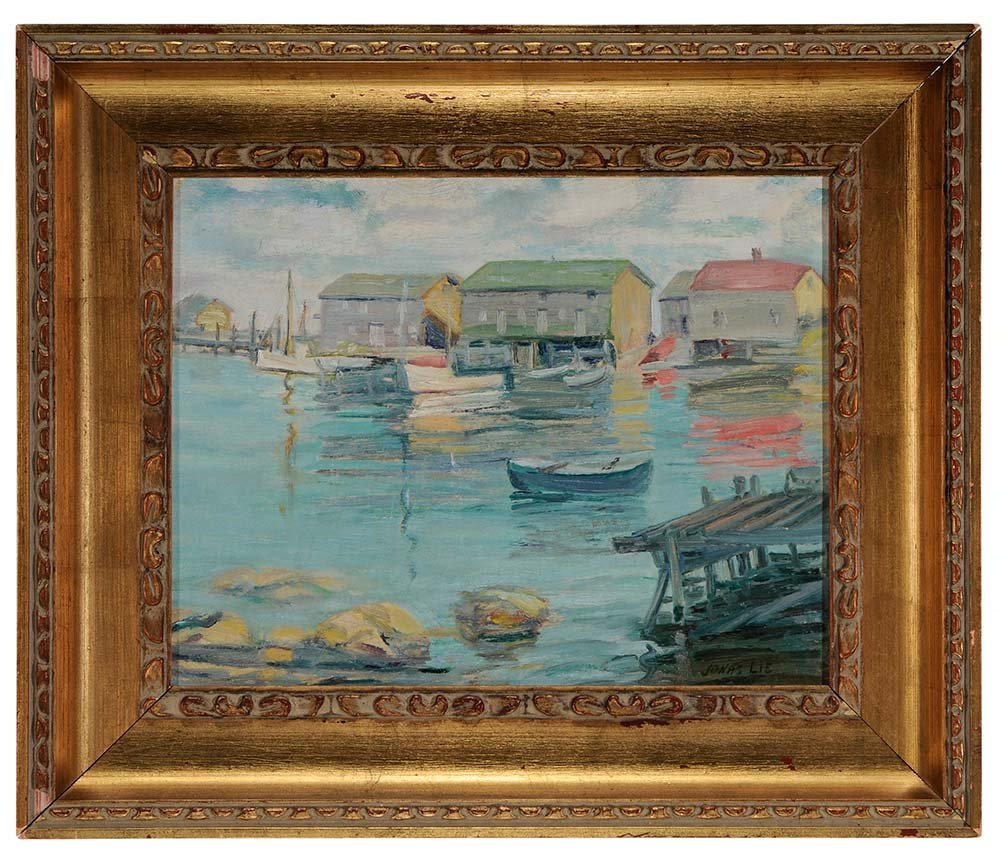 Jonas Lie: (New York, 1880-1940) Harbor View, said to be Gloucester, signed lower right "Jonas Lie", oil on canvas, 10-3/4 x 13-7/8 in. (overall); carved and gilt wood frame,. Condition: grime, laid on fiberboar