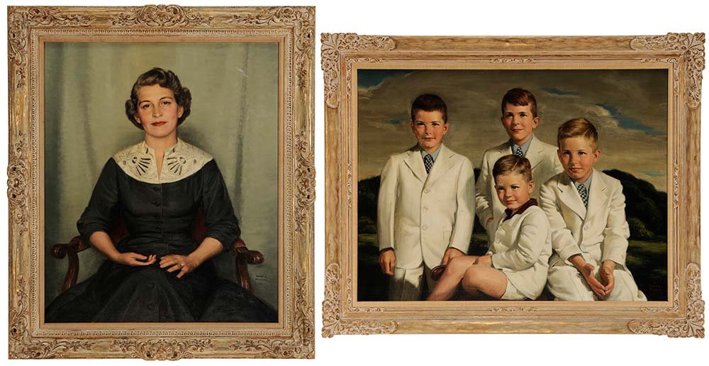 Frank C. Bensing: (New York/Illinois, 1893-1983) Two family portraits: Mrs. James C. Ryan, seated in a chair, 1954, 36 x 30 in.; The Four Ryan Brothers, 1953, 30 x 40 in., both signed "Frank C./Bensing", oil on canvas