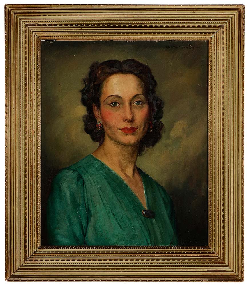 Abel George Warshawsky: (1883-1962) Portrait of a Lady in a Green Dress, signed upper right "A.G. Warshawsky", oil on Masonite, 21-3/4 x 18-1/8 in.; Stanford White (or style) carved, gilt and paint-washed frame, 25 x 29 in. 