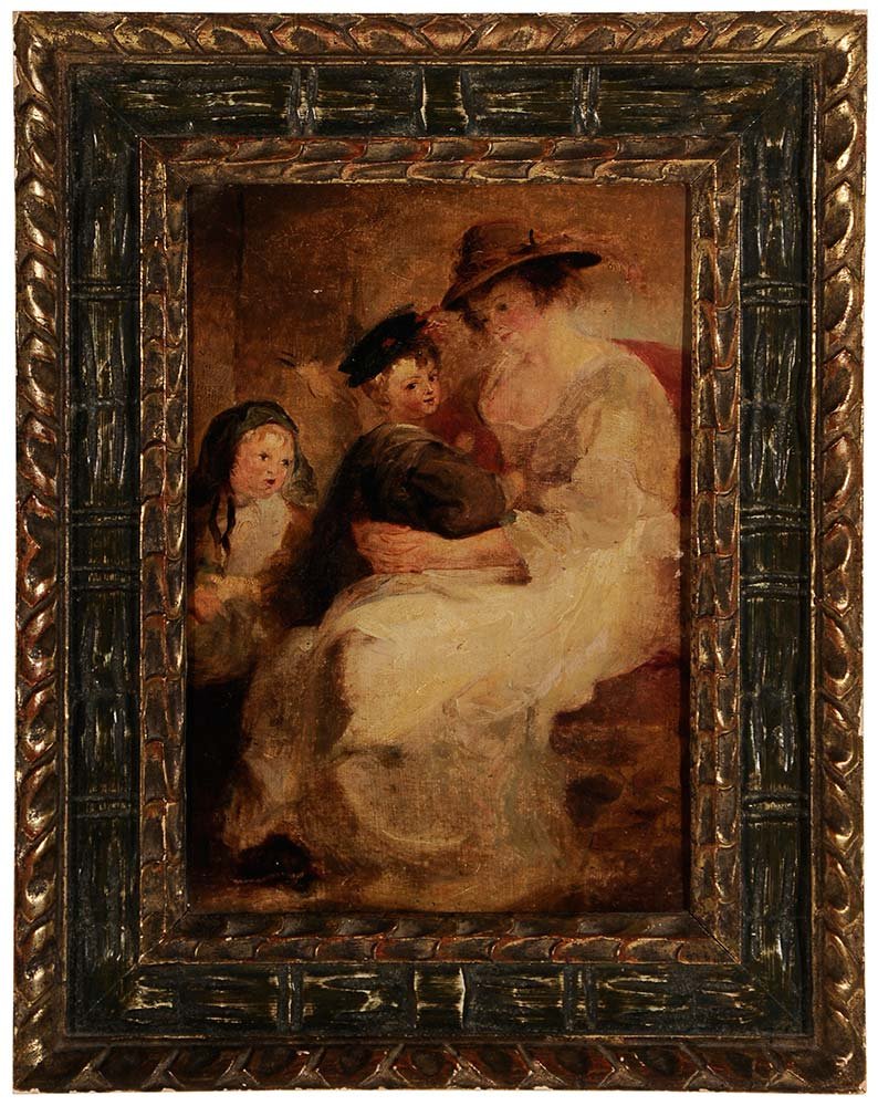 Manner of Thomas Sully: (19th century) Study of a Mother with Two Children, unsigned, oil on paper, 13-3/4 x 9-7/8 in.; 20th century carved, painted and gilt wood frame,,. Condition: laid down on canvas and stretched on old