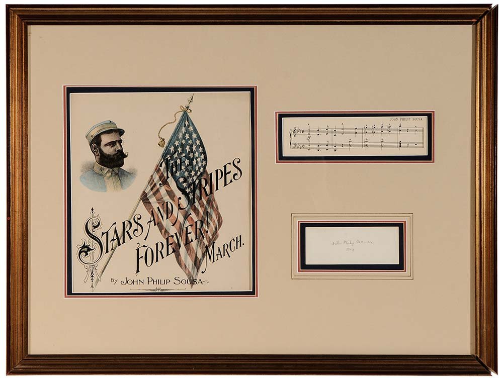 John Philip Sousa signature: a 2 x 4-7/8 in. clipped signature signed "John Philip Sousa" and dated 1914, framed together with the cover of [Stars and Stripes Forever] sheet music and one signature of the music, framed in a gilt-