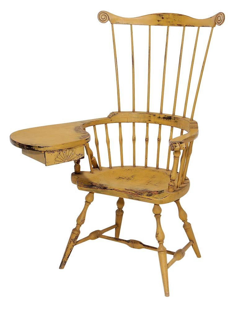 Yellow-Painted Windsor Writing-Arm: Chair stamped signature for Douglas Campbell, late 20th century, in the 18th century style with scrolled ears, writing arm set with a single fan-carved drawer, 48-1/2 in.. Condition: good condition, d