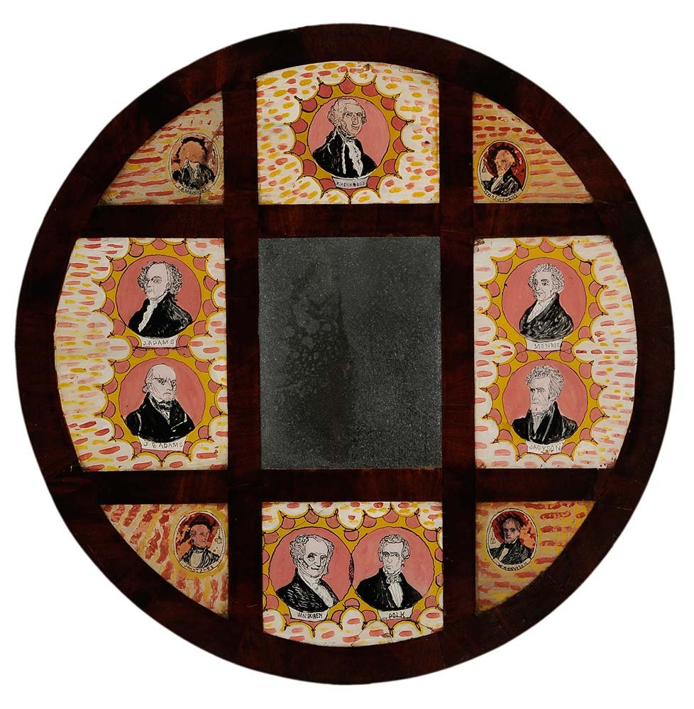 Reverse-Painted Mirror with: Presidential Portraits American, late 19th century, silvered mirror plate surrounded by reverse-painted portraits of various presidents including Washington, Jefferson, Madison, Adams, VanBuren, Polk,