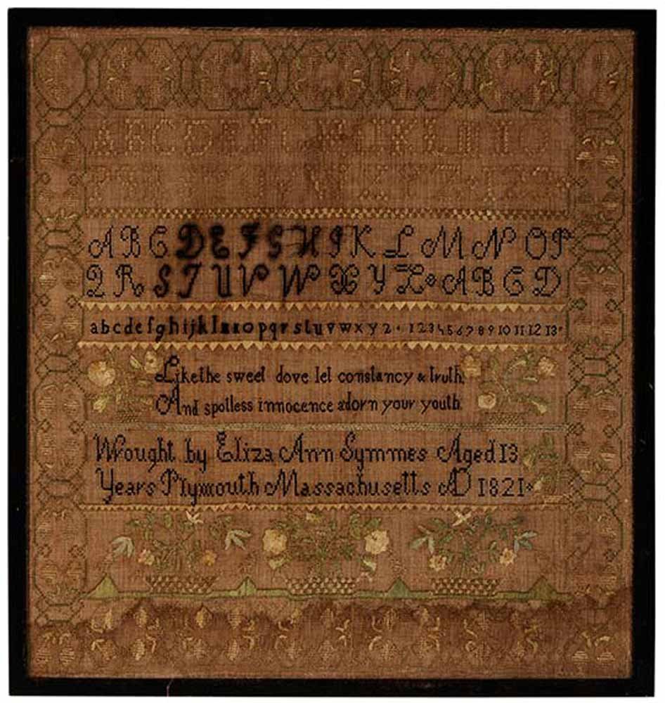 1821 Plymouth, Massachusetts: Needlework alphabet and verse needlework, signed "Wrought by Eliza Ann Symmes Aged 13 Years Plymouth Massachusetts AD 1821", silk on linen, 17 x 16 in. (sight), later wood frame. Condition: stained lo