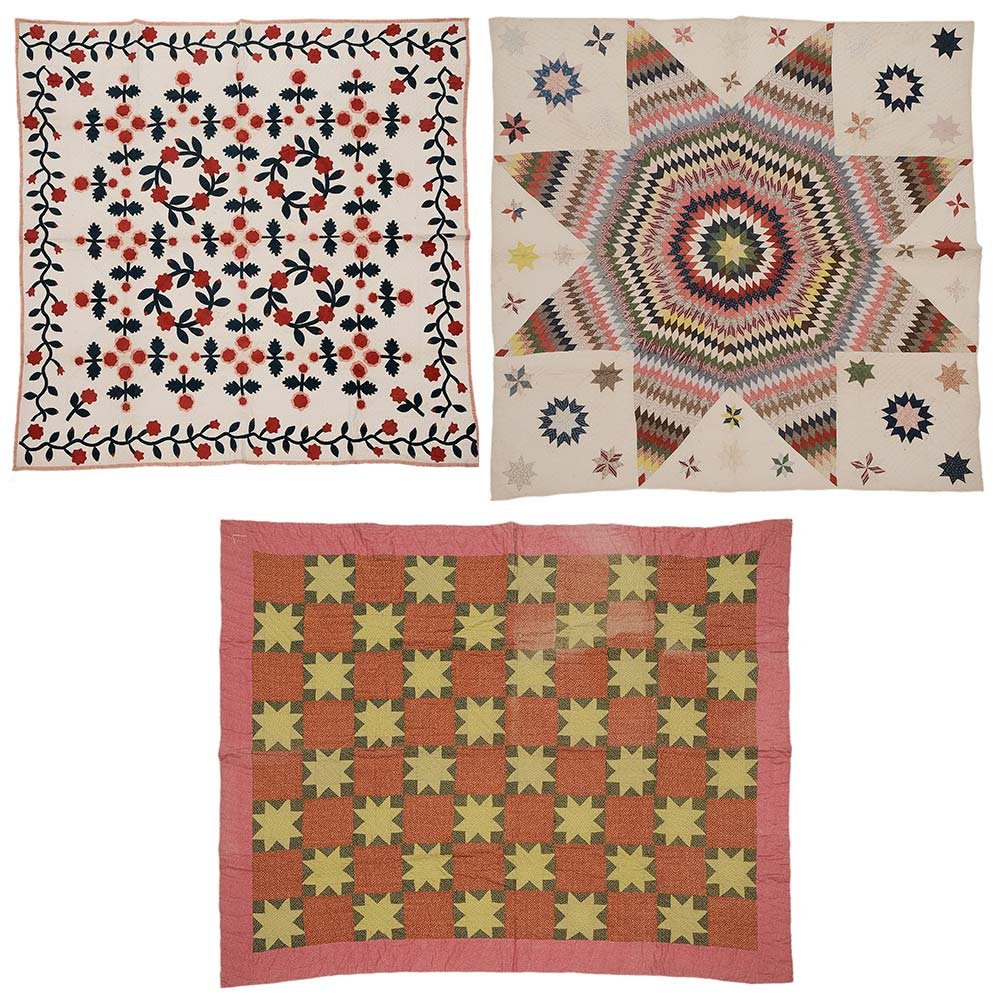 Three American Quilts: late 19th to early 20th century, one pieced central star pattern, hand quilted, machine sewn, 83 x 83 in., [light wear and a few light scattered stains]; one floral applique, hand quilted, machine sew