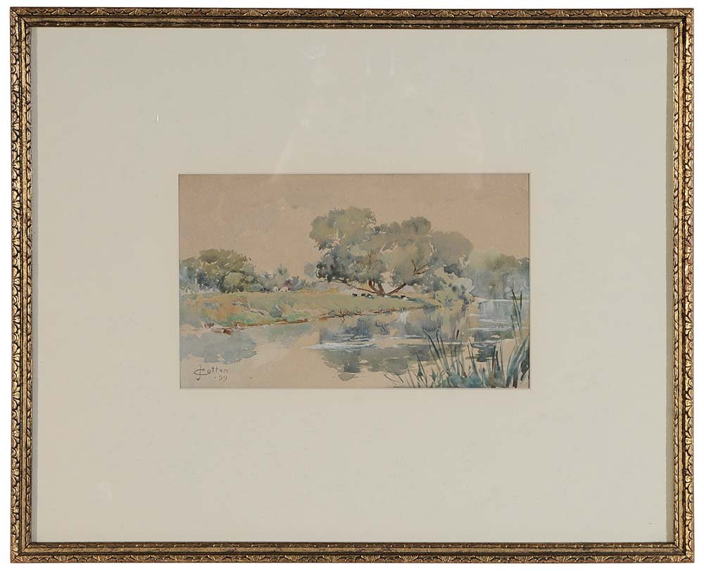 John Wesley Cotton: (California/Canadian, 1868-1931) View of River, signed lower left "J Cotton/'99", watercolor on paper, 5-1/4 x 8-5/8 in.; original gilt wood frame,. Condition: toning, fading, not removed from frame.