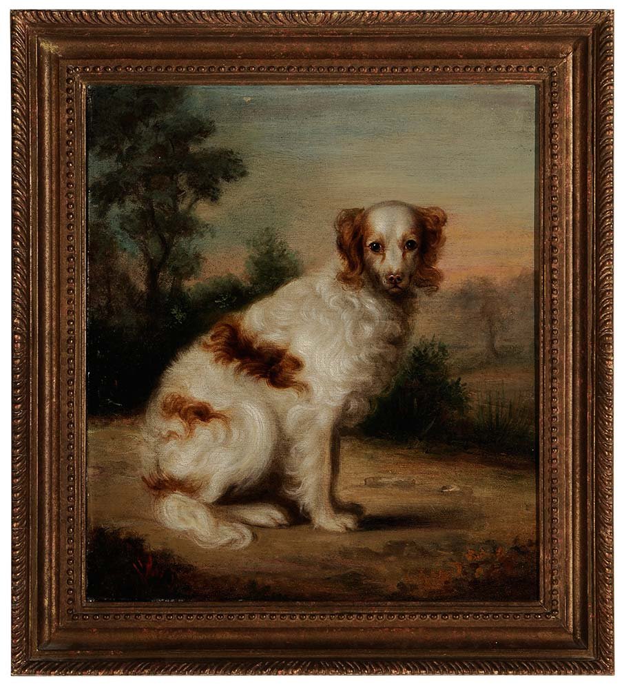 Follower of George Stubbs: (British, 1724-1806) Portrait of a Spaniel in a Landscape, possibly 18th century, unsigned, oil on canvas, 18-1/8 x 15-7/8 in.; gilt wood frame,. Condition: lined, restretched on newer stretcher, crac