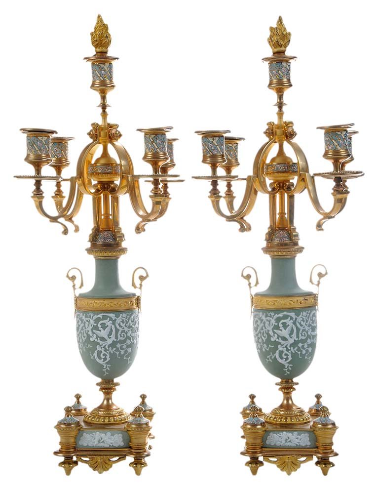 Five-Light Candelabra of Sage-Green: Jasperware with Gilt Bronze and Champlevé Enamel Mounts British or Continental, 20th century, urn-shaped standard with floral scrolls and a bird in contrasting relief, three cherub panels on square b