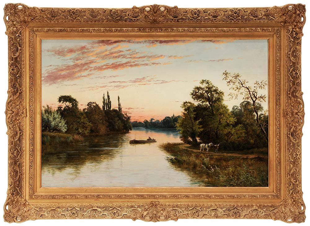 British School: (19th/20th century) Evening on the Trent, signed lower right "E. Lancaster", oil on canvas, 24 x 36-1/8 in.; gilt wood and composition frame,. Condition: lined with wax and linen, crackle, retouch at 