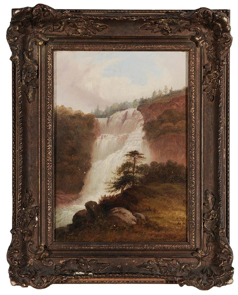 Francis E Jamieson: (Scottish, 1895-1950) View of a Waterfall, signed lower right "W.Richards" (one of a few pseudonyms for the artist), oil on canvas, 14-1/8 x 10 in.; painted wood and composition frame,. Condition: lin