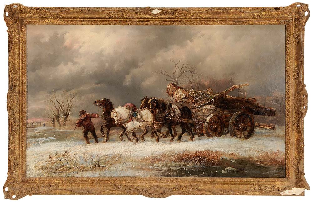 Manner of John Frederick Herring, Jr.: (British, circa 1820-1907) Driving the Timber Wagon, signed bearing spurious signature lower left "John F. Herring..188-", oil on canvas, 30 x 50-1/8 in.; gilt wood and composition frame,. Condition: 