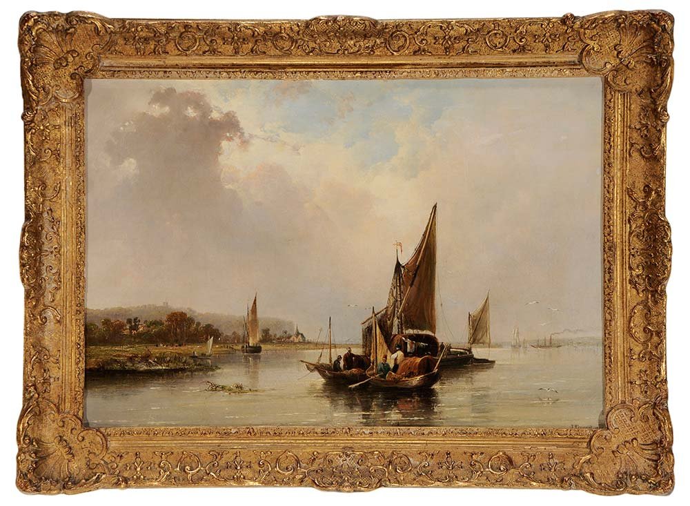 John Frederick Tennant: (British, 1796-1872) Norfolk River with Fishermen, signed lower right "J. Tennant 1836", oil on canvas, 19-3/8 x 28-1/4 in.; gilt wood and composition frame,. Condition: lined, crackle, yellowed varni