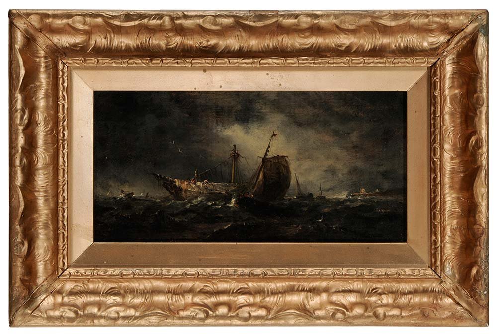 British School: (19th/20th century) Ship Wreck, unsigned, oil on canvas, 6-3/4 x 12 in.; original early 20th century frame,. Condition: original stretcher and tacking edge, crackle, grime; frame with abrasions. Notes