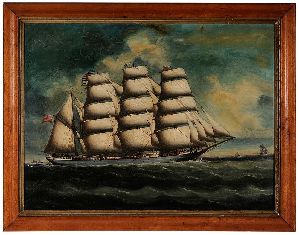 British School: (19th century) Portrait of the Ship "Earl of Jersey", launched in 1883, ran aground in the Chittagon River, India, unsigned, oil on canvas, 18-1/8 x 23-1/2 in.; ogee molding frame,. Condition: lined, 