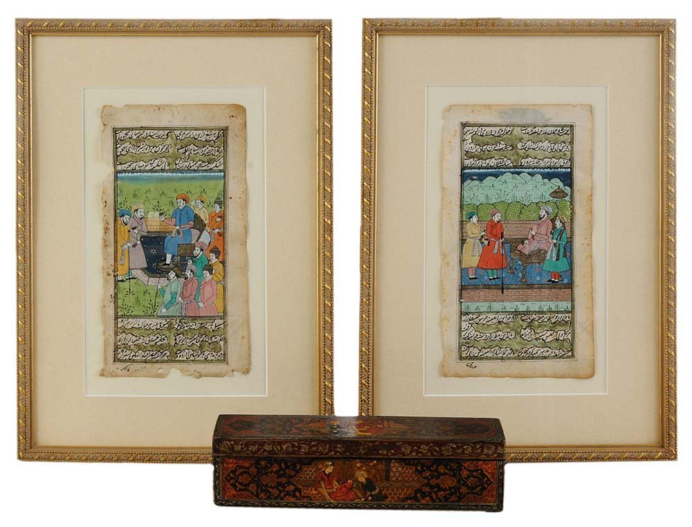 Pair Mughal Miniature Watercolor: Manuscript Leaves with a Lacquered Box Indian and Persian, pair 17th century miniature manuscript leaves depicting princes with attendants within an illuminated gilt frame, each 8-1/2 x 4-1/2 in., mat