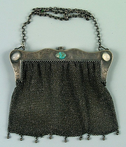 Sterling mesh purse, jeweled frame,