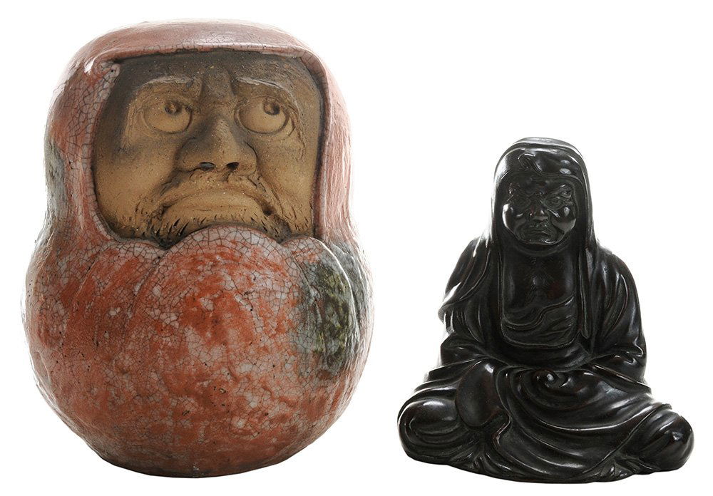 Shino Stoneware Daruma Handwarmer and: Bronze Daruma Japanese, this type Daruma-form handwarmer is associated with the tea ceremony, pinkish [Shino] glaze over buff stoneware body, nice crackle surface, 10-1/2 x 7 x 8 in., [good condition]