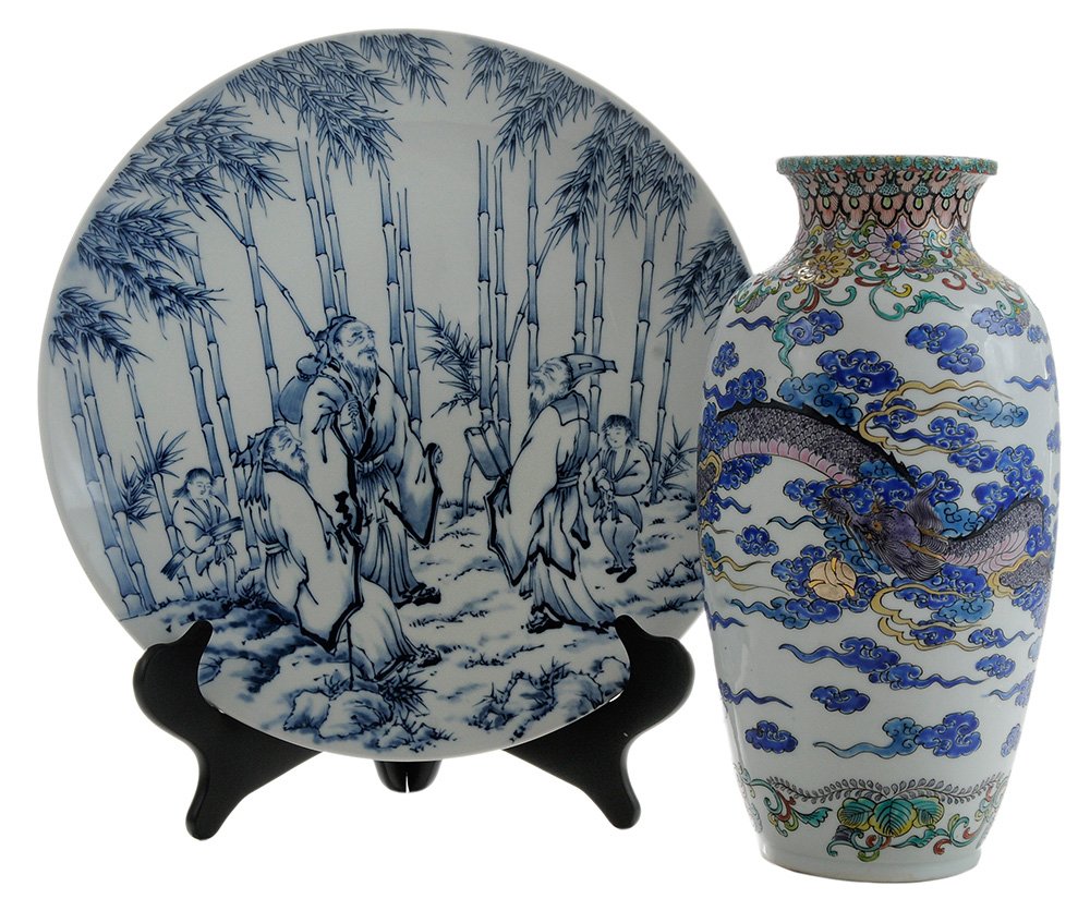 Porcelain Charger and Vase: Japanese, underglaze blue and white porcelain charger with Chinese sage in bamboo grove design with elegant calligraphy inscription on back stating it is from Hizen Province and made by Tetsusaburo, 1