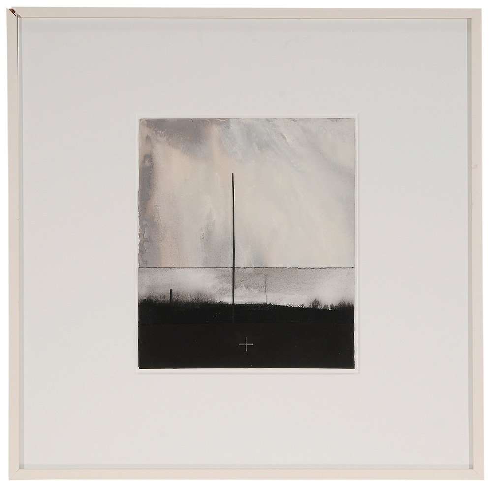 Dozier Bell: (Maine/New York, born 1957) Zenith, 1989, possibly signed verso "Dozier Bell" and inscribed, gouache on paper with collage on paper, 12-7/8 x 11 in.; painted wood frame,. Condition: floated, good cond