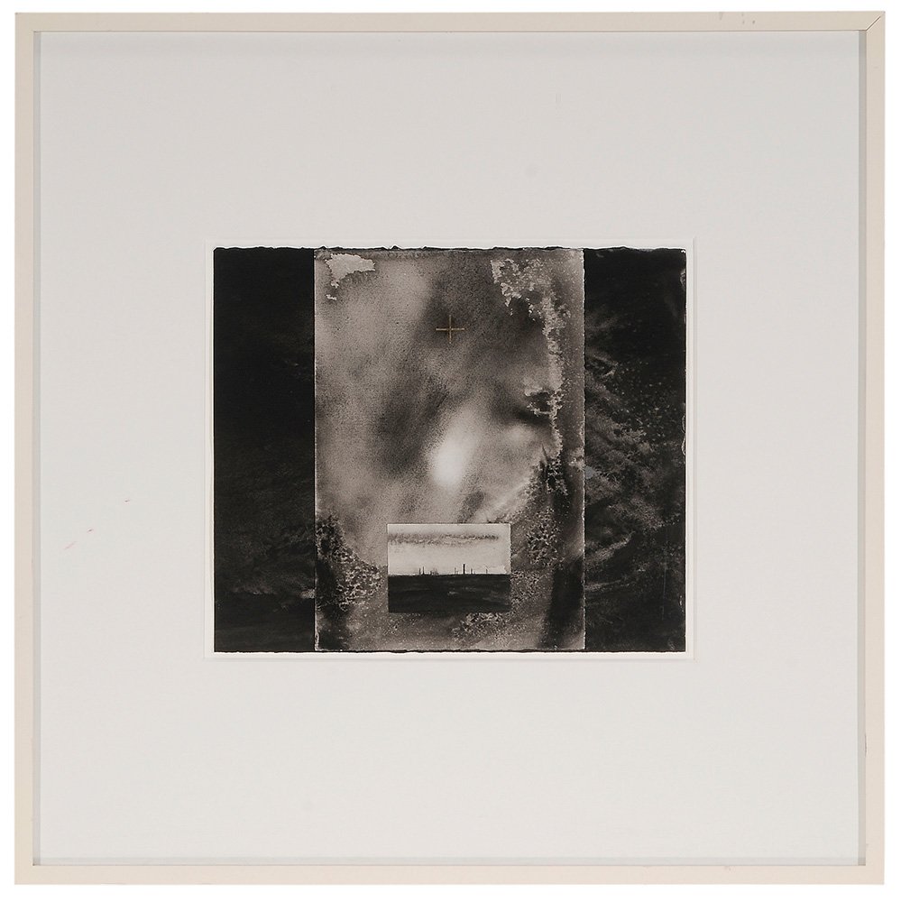 Dozier Bell: (Maine/New York, born 1957) Trace, 1989, possibly signed verso "Dozier Bell" and inscribed, gouache on paper with collage on paper, 11-1/4 x 13-1/8 in.; painted wood frame,. Condition: floated, good c