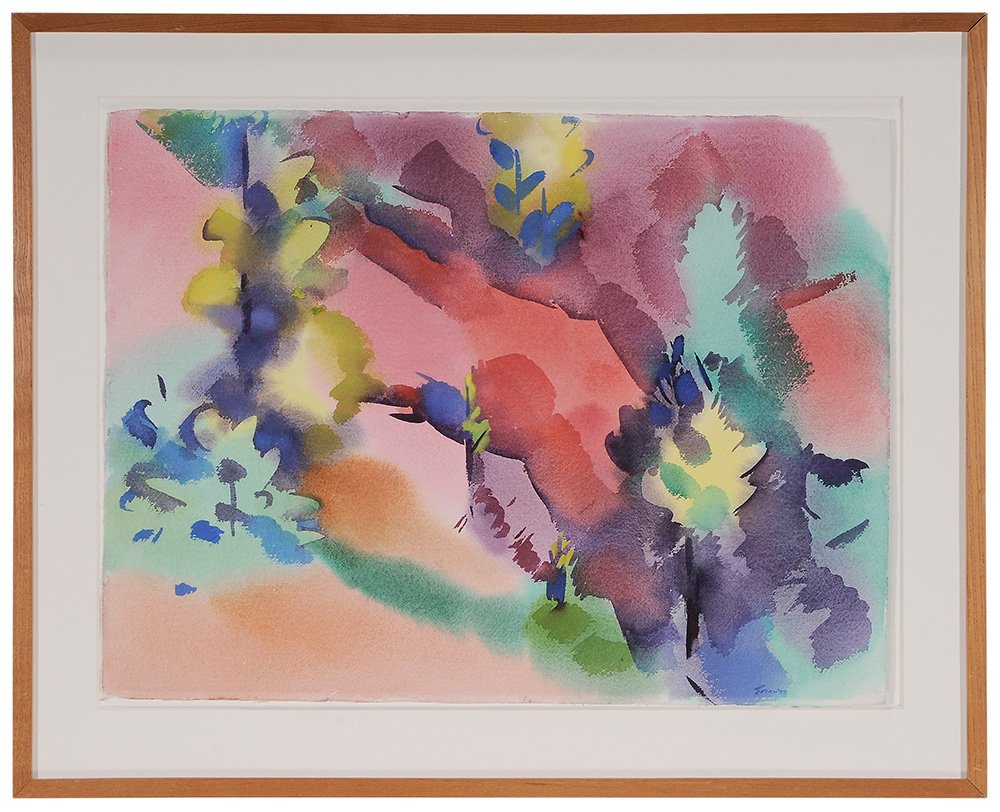 Erle Loran: (California/New York, 1905-1999) On Petrified Forest Road, 1977, signed lower right "Loran '77", watercolor on panel, 22-1/2 x 29-7/8 in.; wood frame,. Condition: floated, good condition; frame with a