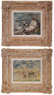 Walter John Beauvais: (British, born 1942) Two miniature paintings: On the River and The Paddocks, both signed "Beauvais", oil on panel, canvasboard, 7-1/2 x 8-1/2 in. and 6-1/2 x 8-1/2 in.; painted wood and composition fr